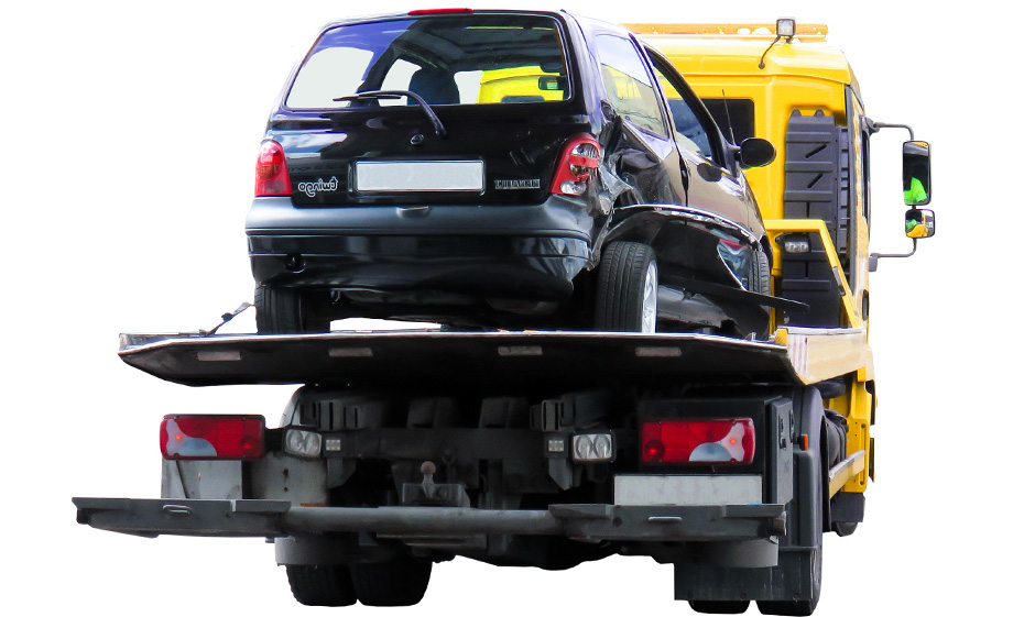 Yellow Flatbed Towing Truck with damaged black car on it.
